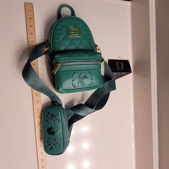 Bambi Loungefly X Disney Green Quilted Pattern Crossbody Sling Matching Coin Bag - Picture 8 of 16